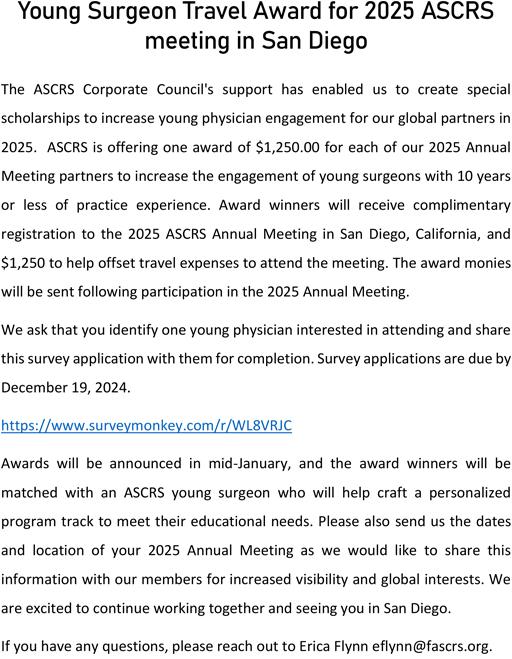 Young Surgeon Travel Award for 2025 ASCRS meeting in San Diego ACRSI